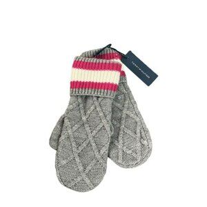Tommy Hilfiger Gray/Dark Pink Badge Logo Knit Mittens Womens Designer NWT OS